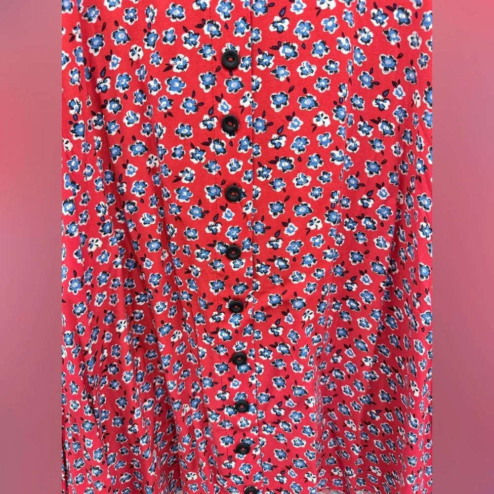 Red Floral V-Neck Midi Dress with Button Front - Picture 5 of 8